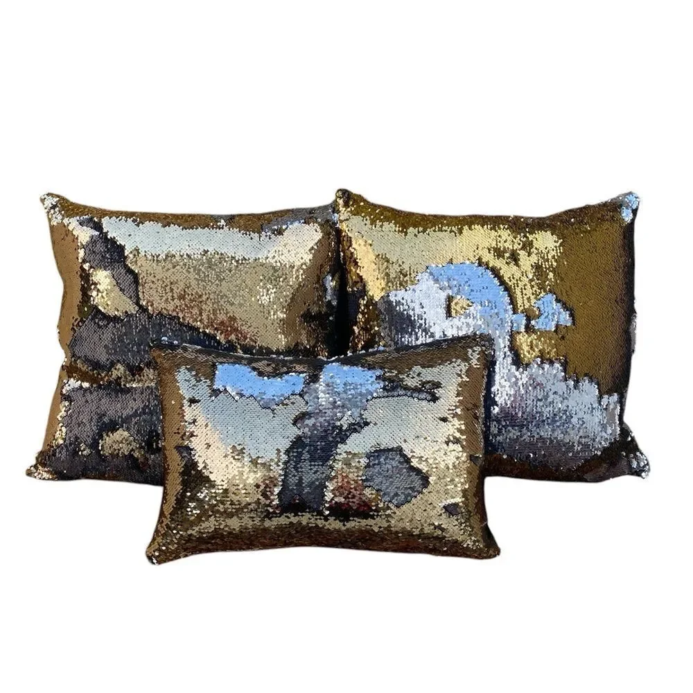 NWOT NEW Three (3) Aviva Stanoff Mermaid Sequin Gold/Silver/Black Luxury Pillows